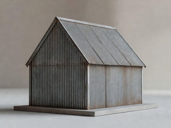 Softly lit 3D render of an Icelandic corrugated iron gable house model