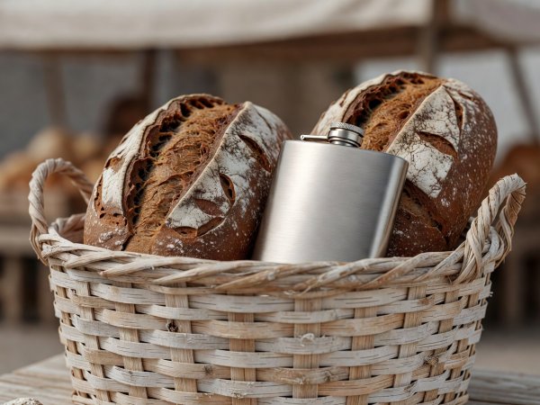 Softly lit 3D render of a birch basket with rye bread and a brushed steel flask