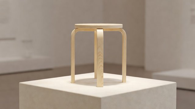 Softly lit 3D render of a laminated birch gallery stool on a pale stone block