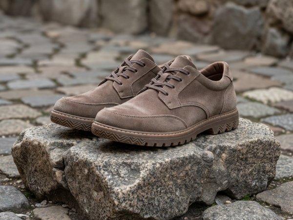 Softly lit 3D render of suede walking shoes on a granite cobblestone block