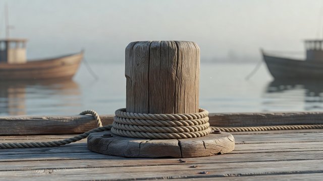 Softly lit 3D render of a timber dock bollard and coiled mooring line